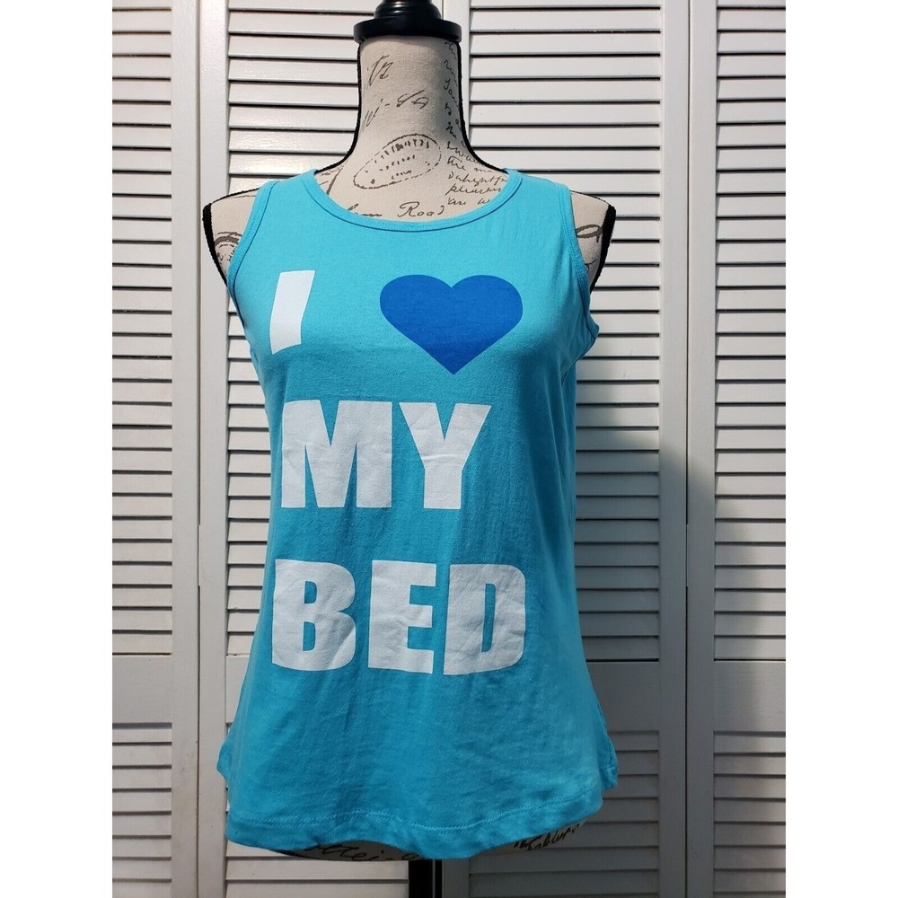 Blush‎ Novelty Tank Top Women's Medium Teal Blue I Heart My Bed Graphic Print
